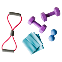 Echipament de yoga și fitness, inclusiv o saltea de yoga albastră și accesorii de exerciții, pe un fundal alb.