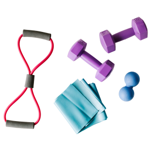 Echipament de yoga și fitness, inclusiv o saltea de yoga albastră și accesorii de exerciții, pe un fundal alb.