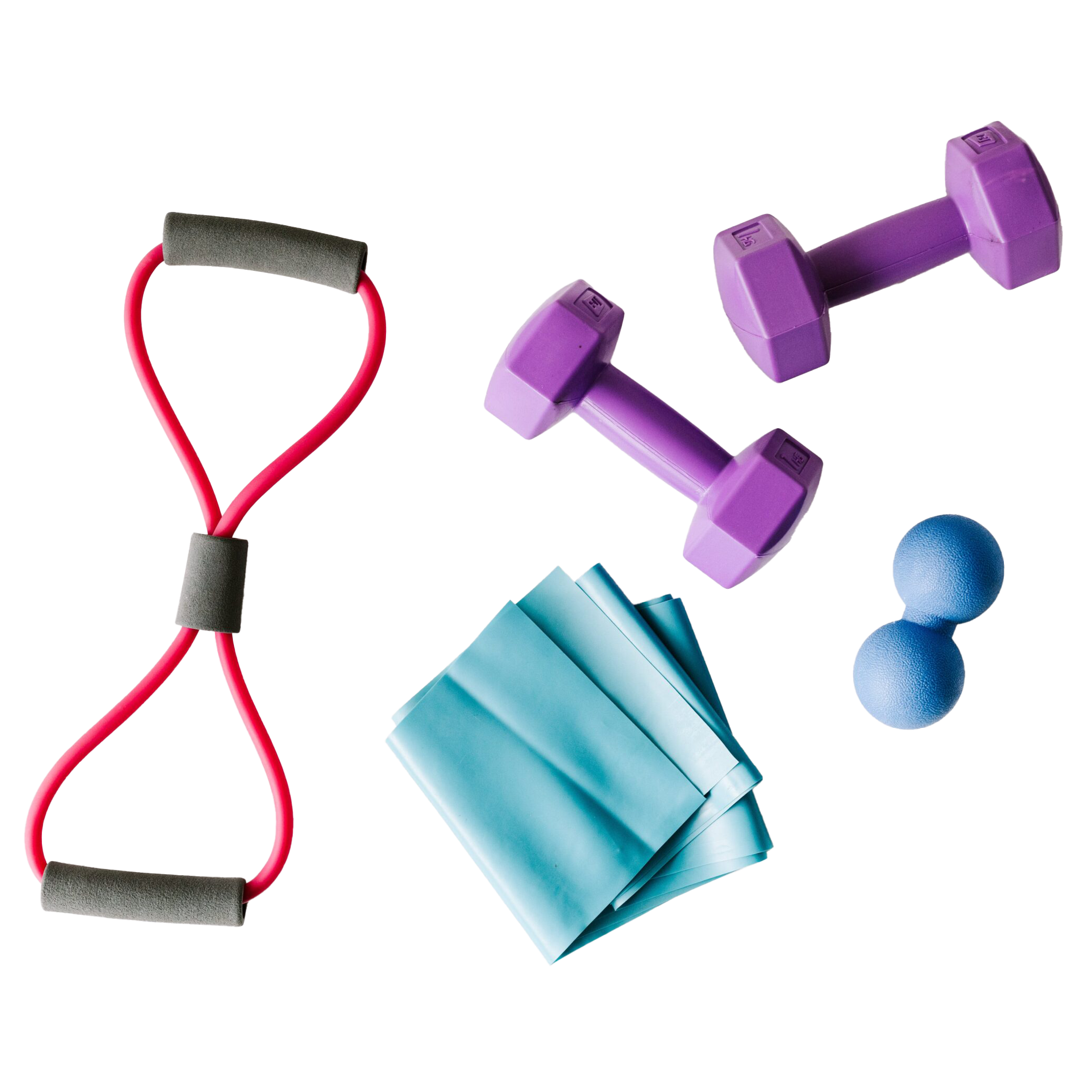 Echipament de yoga și fitness, inclusiv o saltea de yoga albastră și accesorii de exerciții, pe un fundal alb.