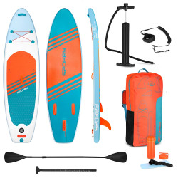 Paddleboard Spokey pentru plajă, 275 cm, design modern, echipat cu accesorii necesare, destinat sporturilor acvatice.