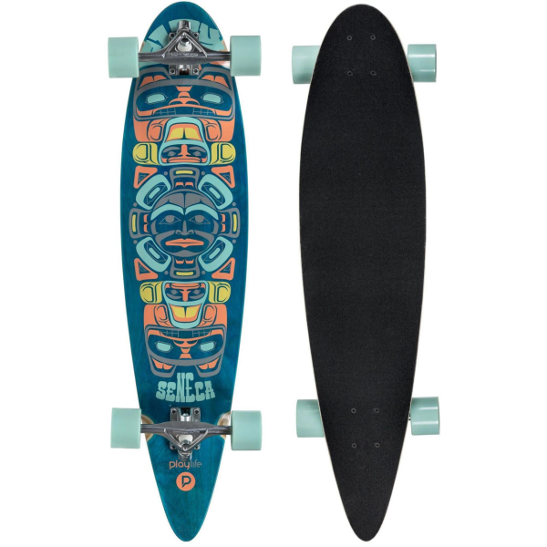 Longboard Playlife Seneca, cu un design dinamic și culori vibrante, destinat pasionaților de sporturi extreme, oferind stabilitate și manevrabilitate optimă.