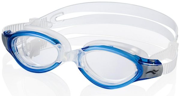 O pereche de ochelari de înot AQUA SPEED TRITON col.01(053) cu lentile transparente, cadru albastru și detalii negre, prezentată pe un fundal simplu.