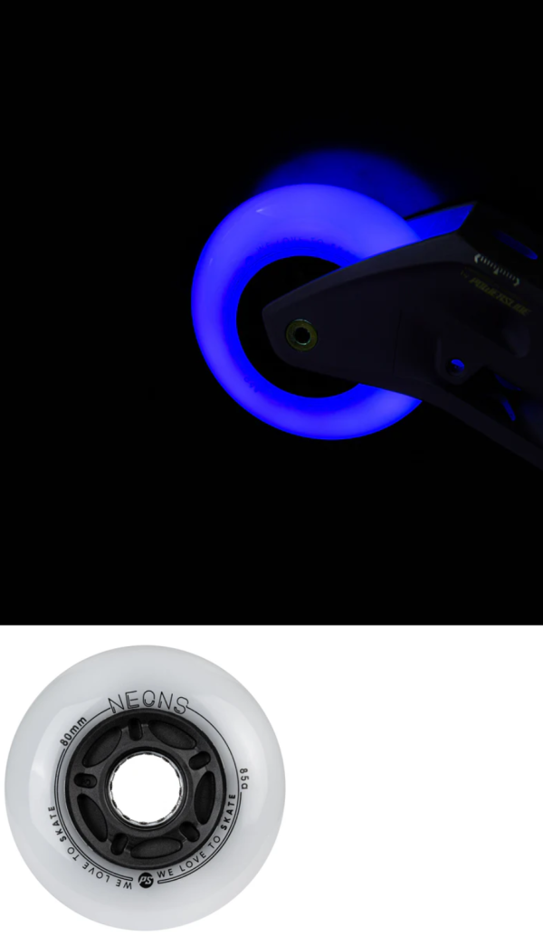 Roti Neons 80 Blue Powerslide, ideale pentru patinaj, cu un design vibrant și culori strălucitoare.