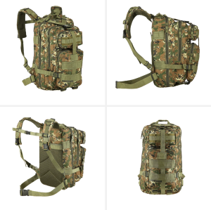 Rucsac CBT7204 Abisal verde moro DEFENDER, prezentând un design tactical, cu multiple buzunare și curele de ajustare, ideal pentru activități în aer liber.