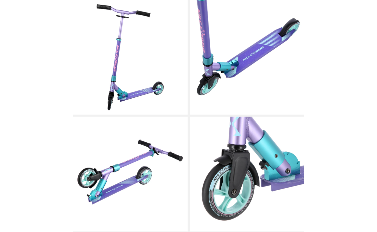 Trotineta NILS EXTREME mov-violet cu mentă, cod HD145 Abisal, vedere de aproape pe fundal alb