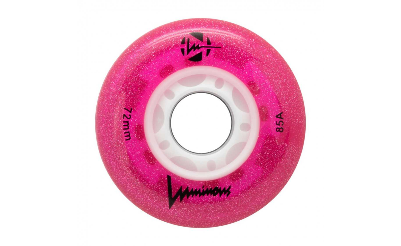 Roti LED strălucitoare roz glitter, 72mm/85A, set de 4 bucăți, destinate echipamentelor sportive, prezentate pe fundal alb.