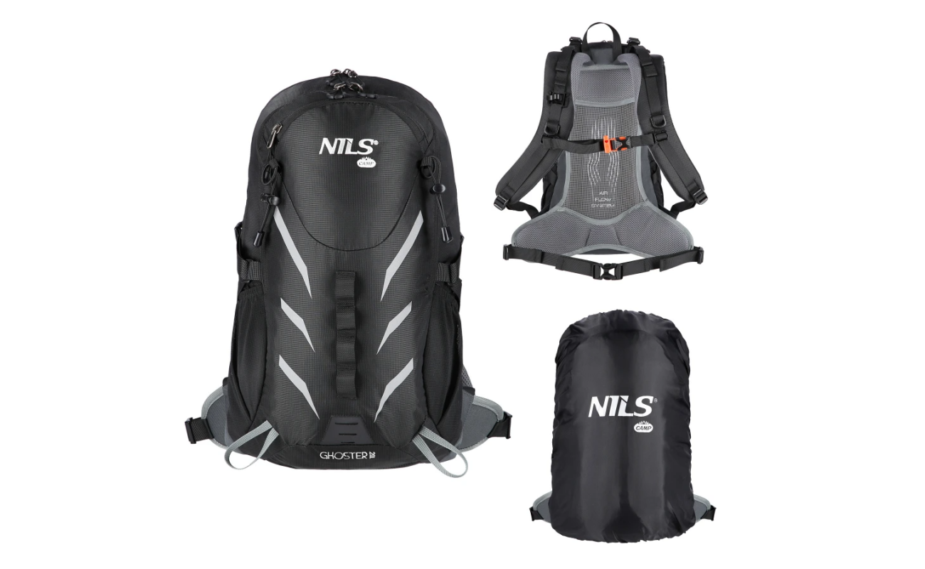 Rucsac turistic Abisal BACKPACK TOURIST BLACK GHOSTER 20L NILS CAMP, negru, pentru drumeții și aventură