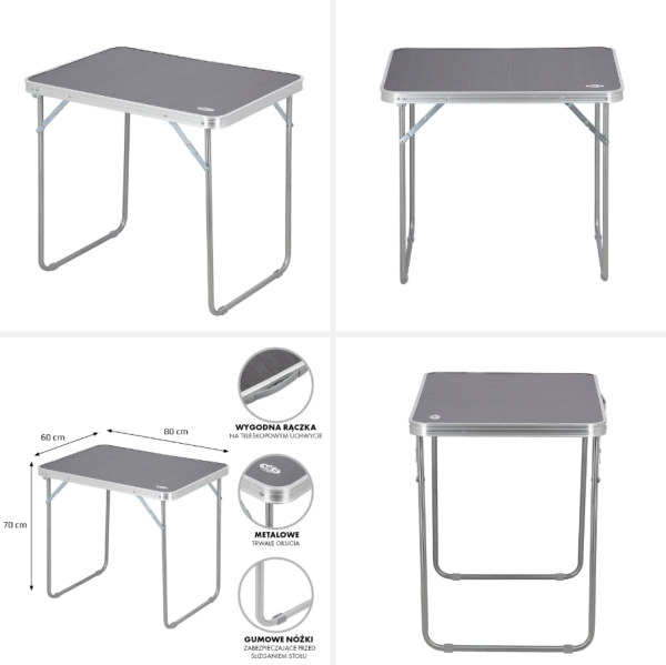 Masa de camping GRAPHITE NC3020, dimensiuni 80x60x70 cm, design robust și pliabil, ideală pentru activități în aer liber.