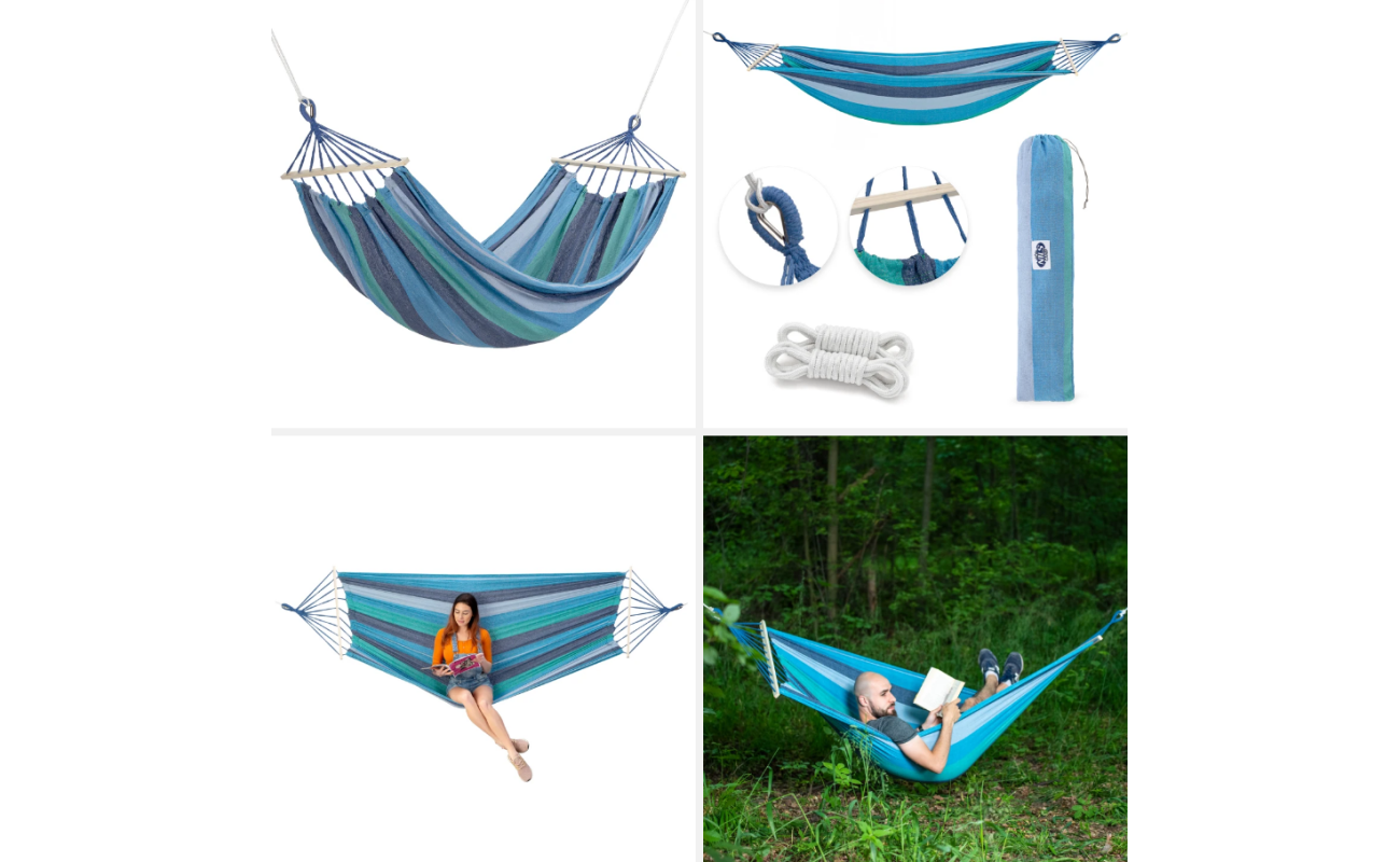 Hamac abisal BLUE-DARK BLUE cu grindă din lemn de 70 cm și suport metalic pentru relaxare în aer liber