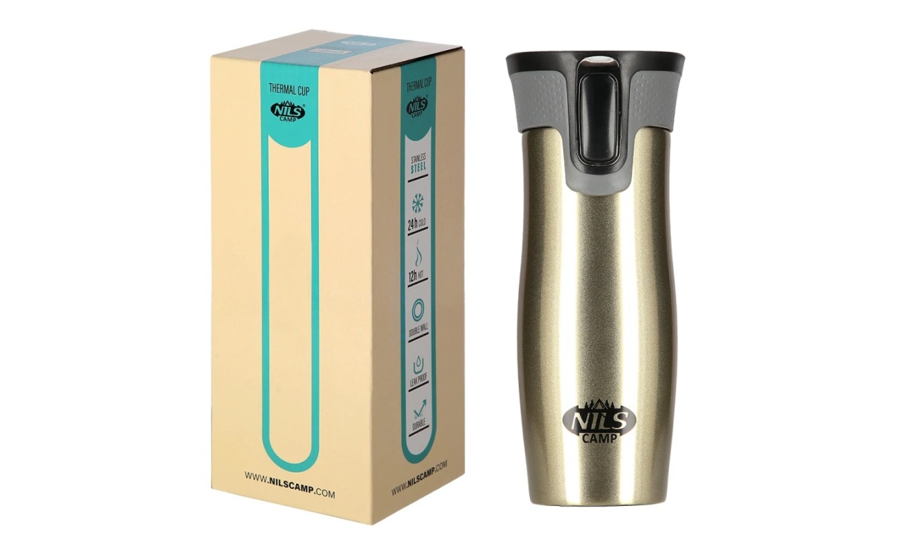 Cană termică NILS CAMP Abisal Gold, cod NCC03, pentru băuturi calde sau reci, disponibilă în magazinul de echipamente sportive