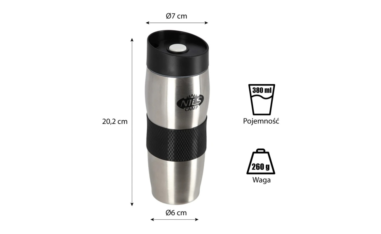 Cana termică NILS CAMP Abisal Silver, cod NCC06, în culoare argintie, ideală pentru băuturi calde și reci în sport și aventură