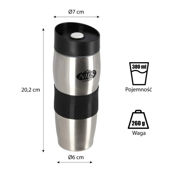 Cana termică din inox Nils Camp Abisal Silver, cu capacitate de 350 ml, ideală pentru menținerea băuturilor calde sau reci, având un design modern și ergonomic.