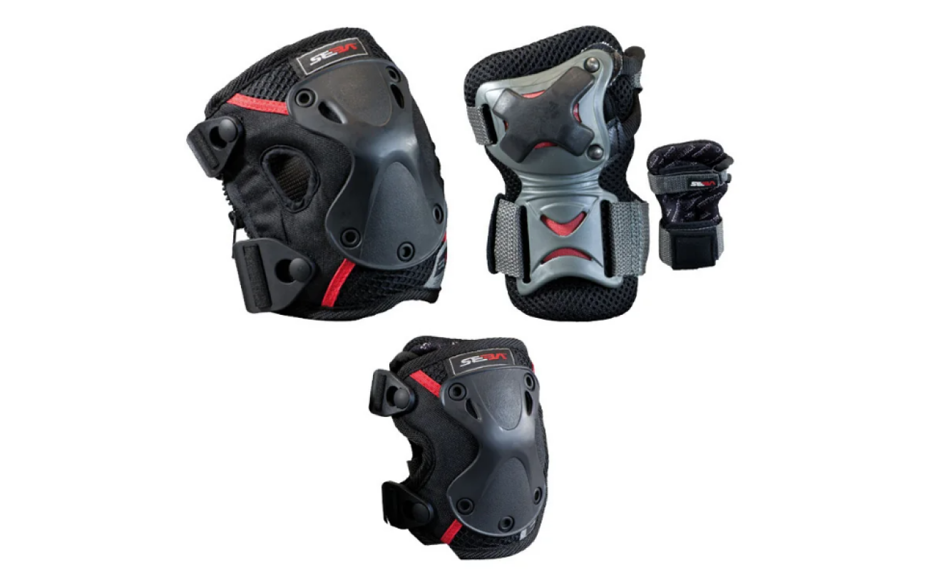 Set de protecție PRO-PK3-L SEBA, include 3 articole: protecții pentru încheieturi, genunchi cu fermoar și coate, destinate sporturilor de agrement.