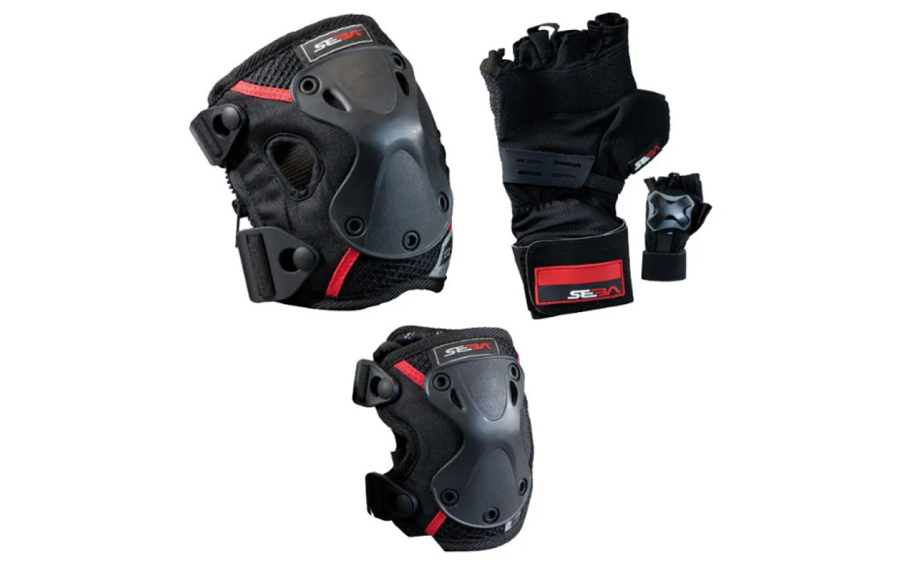 Set de protecție SEBA PRO, inclusiv mănuși, genunchiere și cotiere, pentru sporturi.