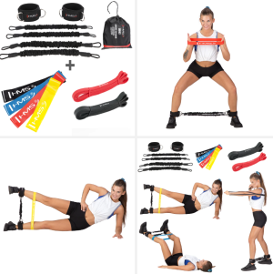 Set de echipamente sportive Abisal EXB02 și set bandă de exerciții, incluzând diverse accesorii pentru antrenamente.