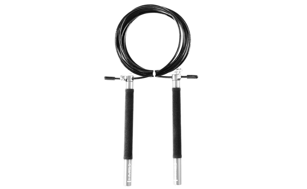 Curea de sărit SK54 Abisal SPEED JUMP ROPE HMS de culoare argintie, utilizată pentru antrenamente fizice, cu mâneri ergonomice și cablu rezistent.