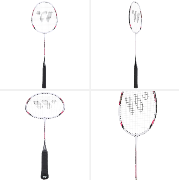 Rachetă de badminton Abisal STEELTEC 9, model roșu, prezentată într-un sport shop.