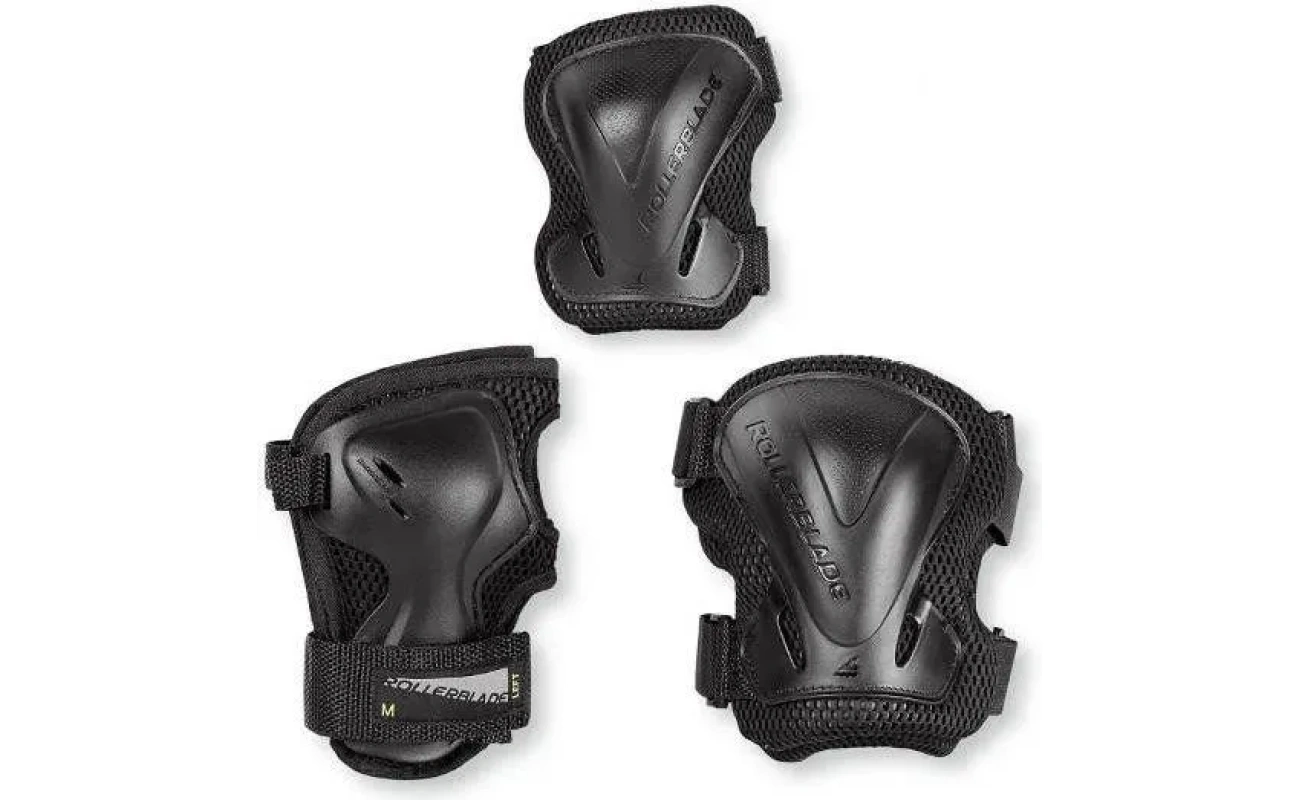 Set de protecție Rollerblade EVO GEAR 3 PACK negru pentru roller, include genunchiere, cotiere și bandă pentru încheietură, croială ergonomic și ventilație