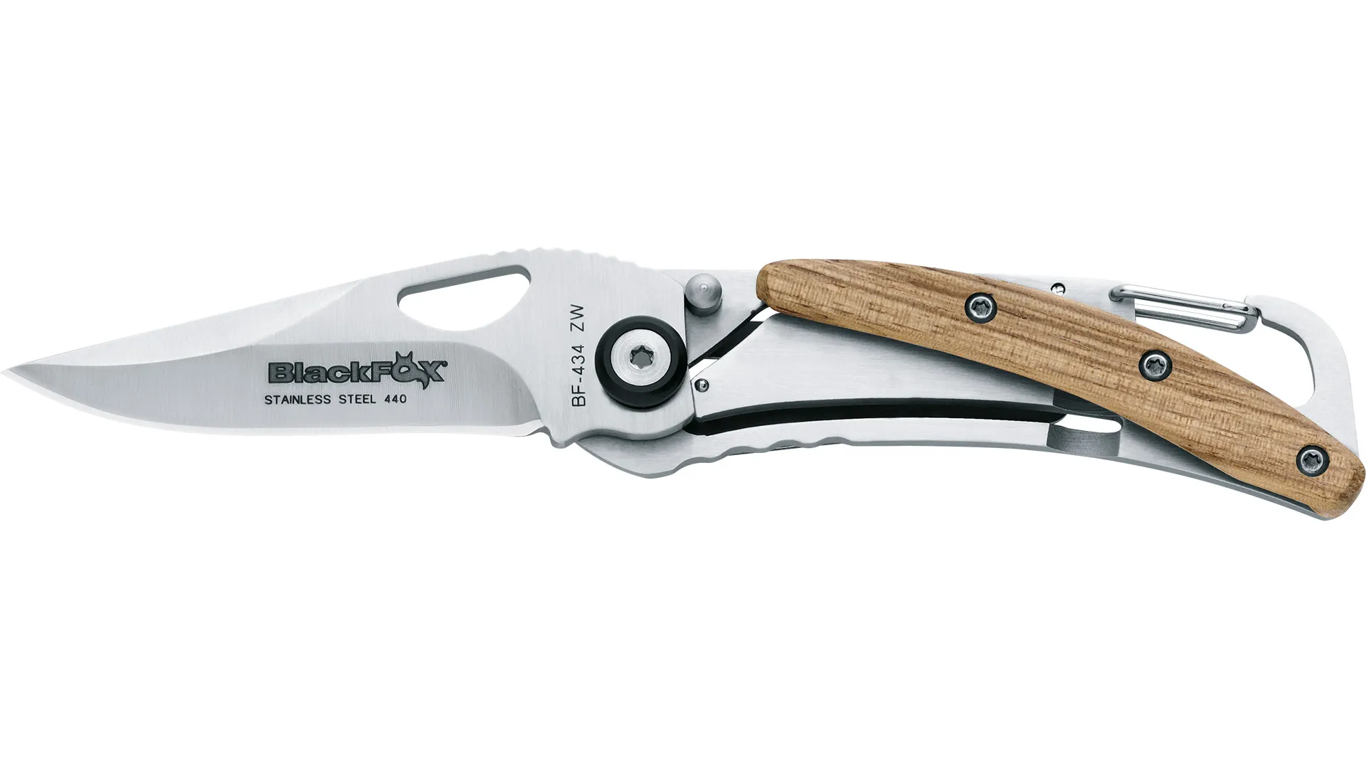 Складной EDC‑нож BlackFox BF‑434 ZW, клинок Drop‑Point из стали AISI 440A (HRC 55–57), сатинированное покрытие Satinato, длина клинка ~60 мм, толщиной 2 мм; ручка из Zebra wood с металлической основы из AISI 420, комфортный frame‑lock замок, клипса из пол