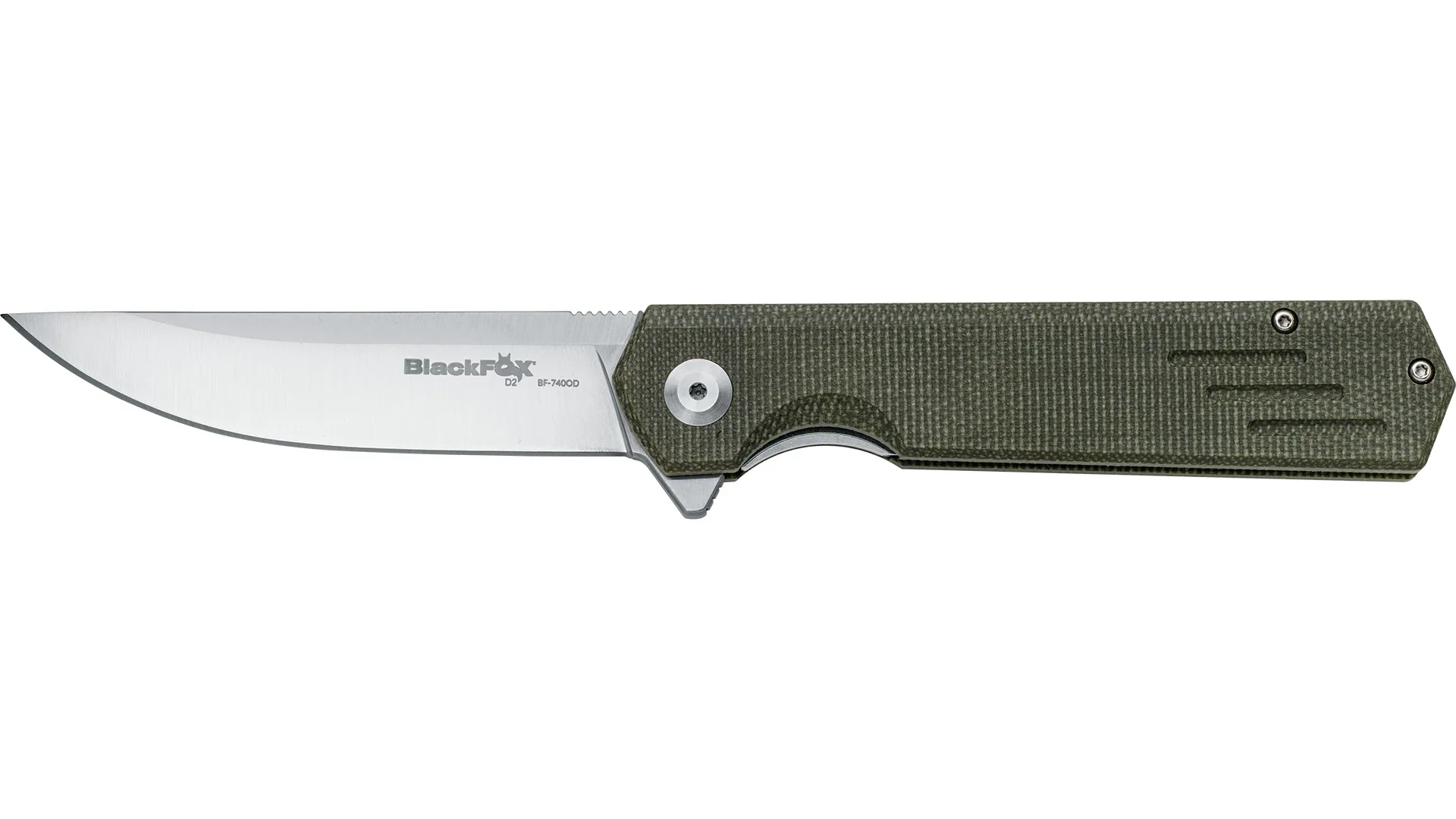 Складной EDC-нож BlackFox Revolver BF‑740 OD, клинок 90 мм из стали D2 (HRC 59–61), сатинированное покрытие satinato, рукоять OD‑green canvas Micarta с плоским зазором для пальца, механизм flipper + liner‑lock на шарикоподшипниках, клипса tip‑up нержавеющ