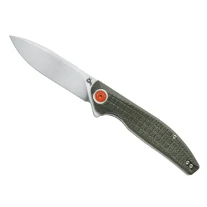 Складной EDC‑нож BlackFox Artia BF‑765 OD, клинок D2 со stone‑wash покрытием (~85 мм, HRC 59–61), рукоять OD‑green Micarta/G10, механизм flipper + liner‑lock, клипса tip‑up реверсивная, общая длина ~203 мм, вес ~100 г, дизайн Grigorii Matveev
