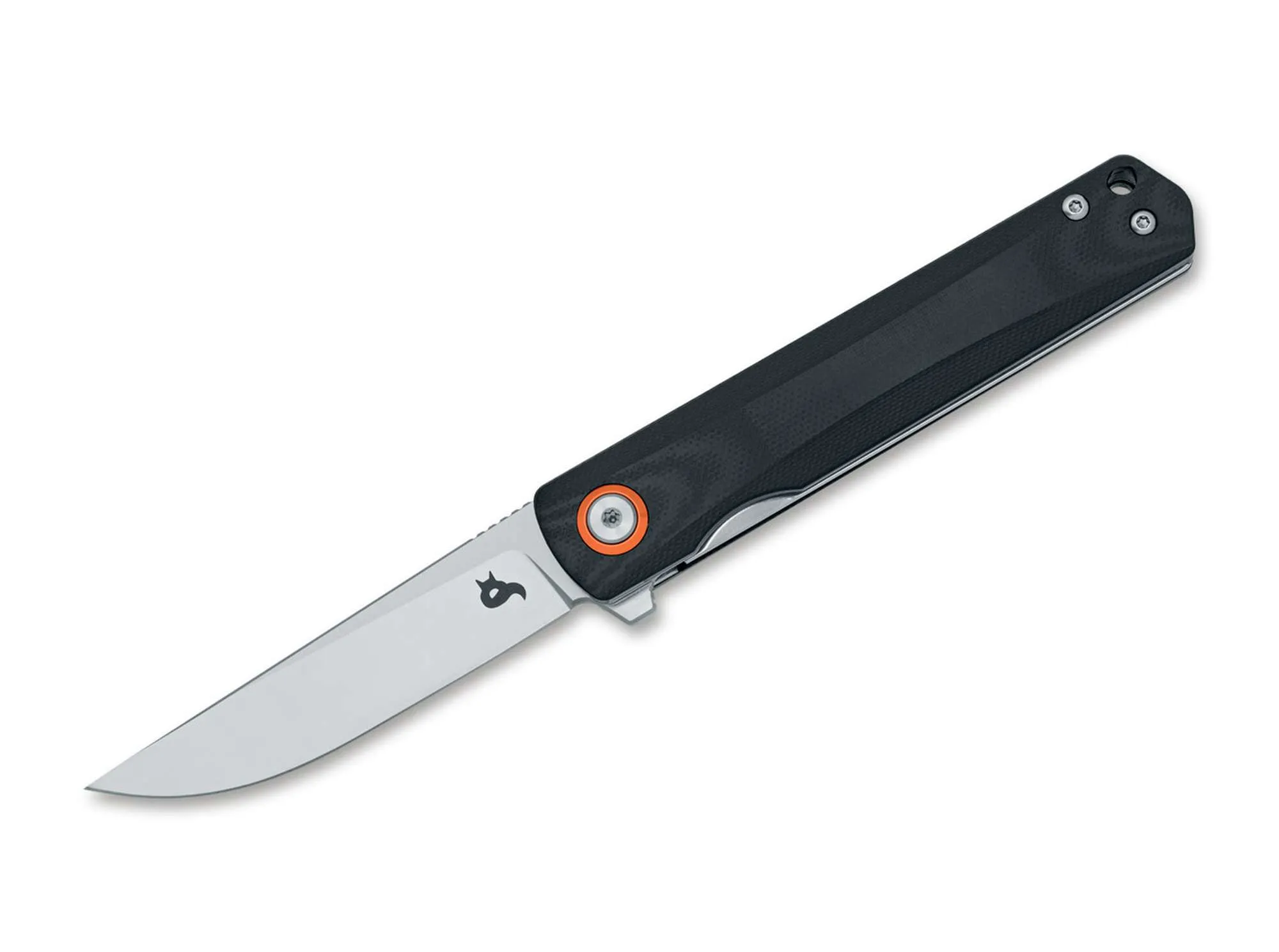 Складной EDC‑нож BlackFox Spear BF‑783 G10, клинок из стали D2 satin‑отделки (~70 мм, толщина примерно 3 мм, HRC ~60), рукоять чёрный G10 с оранжевым акцентным кольцом, механизм flipper + liner‑lock, клипса tip‑up, общий вес ~80 г, длина в раскрытом виде