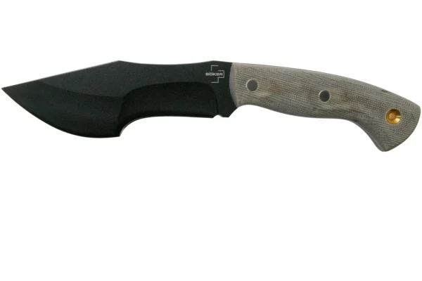 Нож Boker Plus Mini Tracker BO‑02BO027, фиксированное survival‑модульное кукри, сталь углерод C1095 с порошковым покрытием (черное), длина клинка 135 мм, общая длина 250 мм, рукоять Micarta (оливковый), чехол Kydex, вес ~270 г, дизайн Dave Wenger