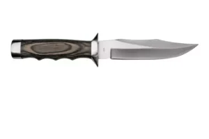 Фиксированный охотничий нож Boker Magnum Jungle Devil BO‑02MB207, крупный Bowie‑тип клинок из нержавеющей стали 440A (≈15 см, 3‑4 мм толщиной, HRC 55‑58), сатинированная отделка, эргономичная рукоять из Pakkawood с крюком под палец, гард и навершие из мат
