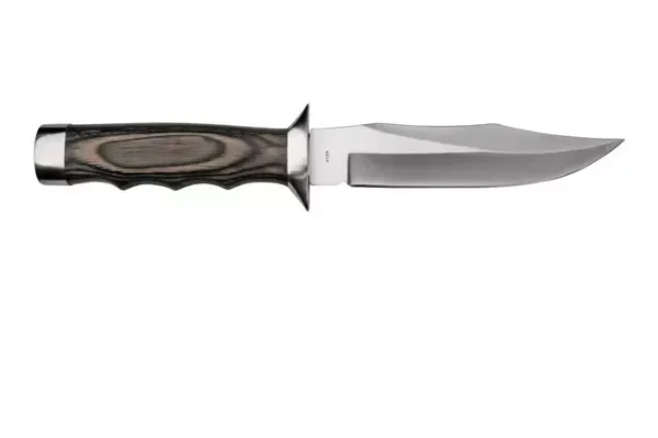 Фиксированный охотничий нож Boker Magnum Jungle Devil BO‑02MB207, крупный Bowie‑тип клинок из нержавеющей стали 440A (≈15 см, 3‑4 мм толщиной, HRC 55‑58), сатинированная отделка, эргономичная рукоять из Pakkawood с крюком под палец, гард и навершие из мат