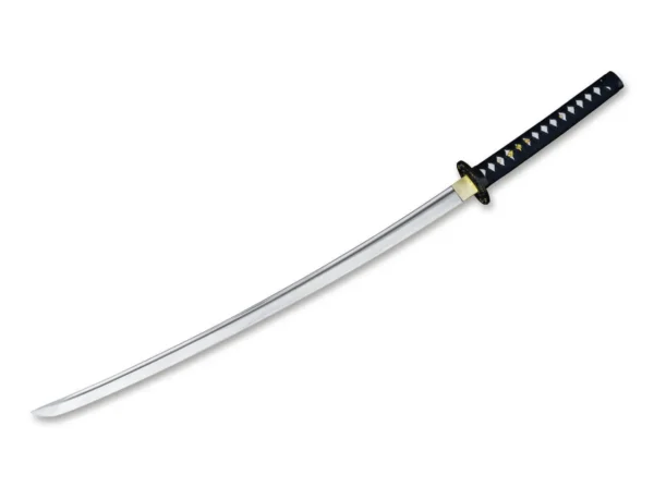 Magnum Yoshida Katana Dark Blue BO‑05SC309, katana decorativă de colecție, realizată din oțel cu conținut ridicat de carbon (≈1045), cu canelură Bo‑Hi, lamă de 720 mm × 7,4 mm (HRC nespecificat), mâner din lemn cu tsuka-ito albastru închis și menuki, tsuba și saya în negru-ț