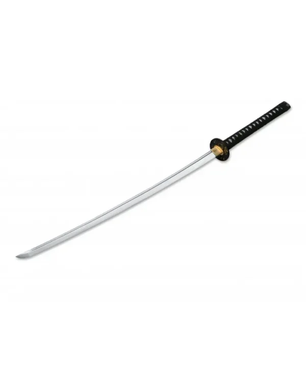 Sabie de luptă Amber Dragon BO‑05ZS979 Magnum (Fox Knives), sabie decorativă cu lamă din oțel carbon (~67,5 cm, grosime ~3,7 mm), tratament artificial Hamon, guard cu motivul unui dragon în zbor, teacă din lemn negru cu imagine purpurie a dragonului