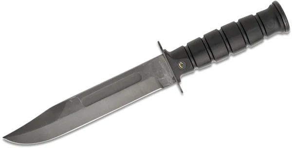 Тактический фиксированный нож Military 691/18 FOX Military, клинок из углеродистой стали C70 с покрытием Black Idroglider (HRC 55–57), длина клинка ~185 мм (≈7,3"), общая длина ~310 мм, рукоять ABS, гард из нержавеющей стали, вес ~300–335 г, кожаные ножны