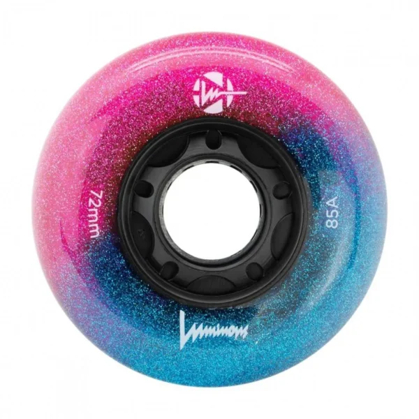 Roți cu LED-uri pentru skateboard, model LUWL-LU72-GA-BK GALAXY, 72mm/85A, în culoare neagră, x4 lângă Jos, pentru echipamente sportive.