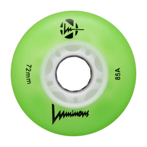 Set de 4 roți LED pentru skate și scootere, culoare verde cu lumină strălucitoare, dimensiune 72mm, 85A, model LUWL-LU72-GR-AP-GW, ideal pentru echipamente sportive.