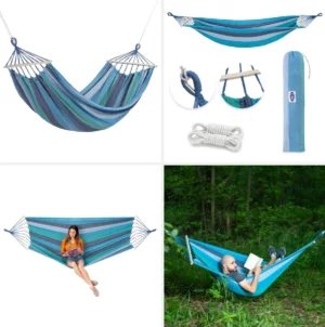 Hamac Abisal blue închis cu cadru din lemn de 70 cm și suport metalic, potrivit pentru echipament sport și relaxare în aer liber