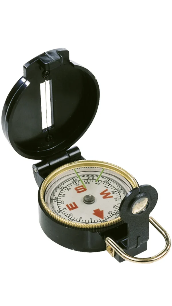Busolă de buzunar BlackFox TS 815 FOX Black, carcasă din plastic, diametru ~2" (~50 mm), cadran rotativ, sticlă de protecție, inel metalic cu carabină, design în plastic negru, greutate aproximativ 30 g, destinată campingului și orientării